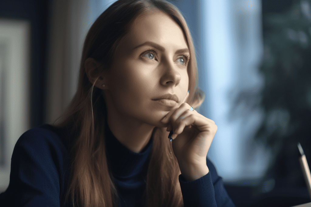 Evertemplate woman_holding_pencil_at_desk_thinking_wealthy_affluen