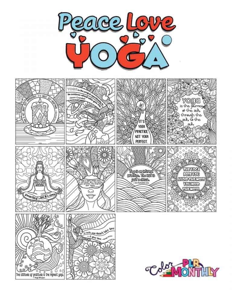 Peace Love Yoga Free PLR Coloring Pages for Adults by Color Monthly